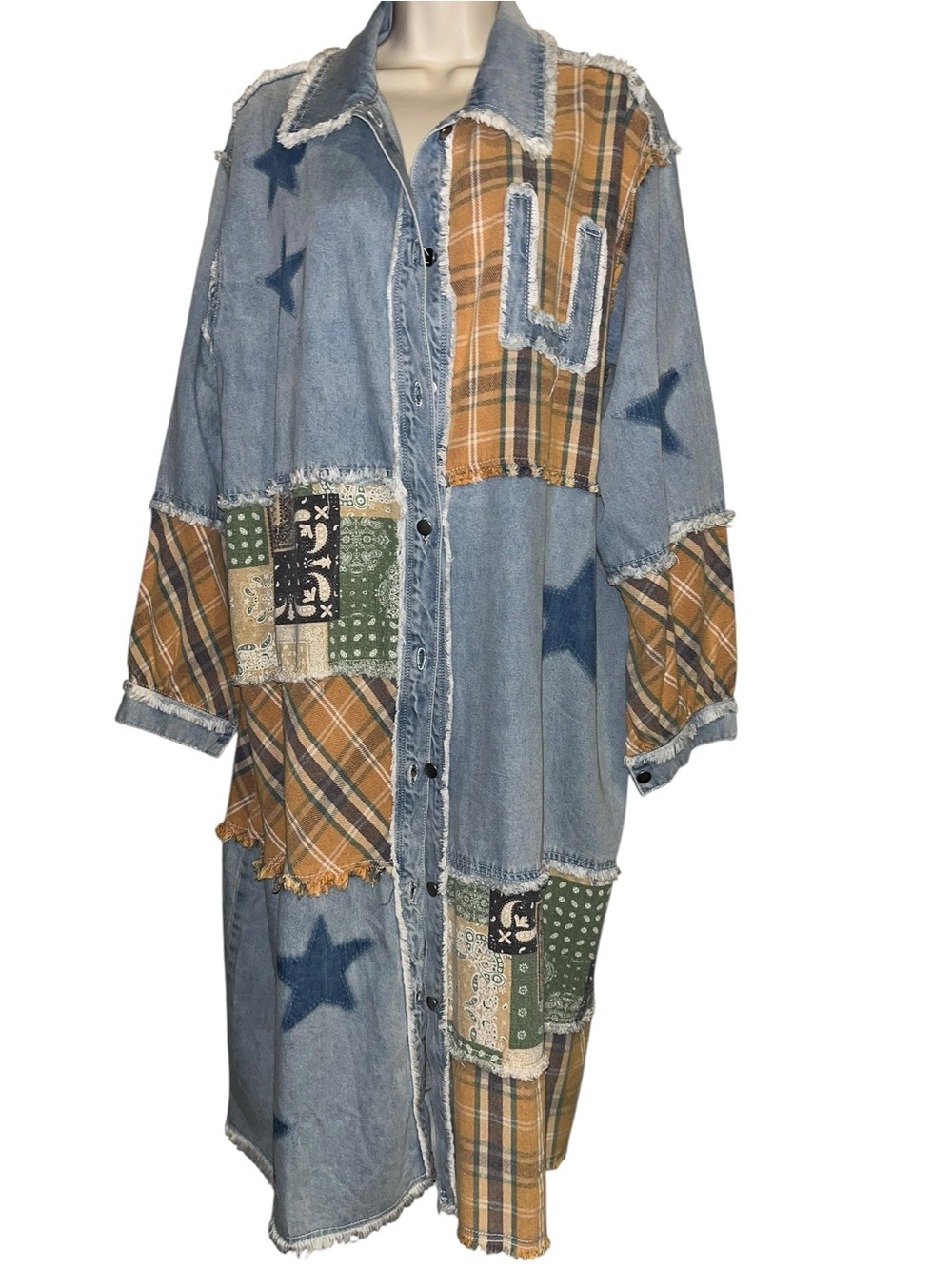 POL S Patchwork Denim & Plaid Long Coat with Star Accents - Picture 5 of 6